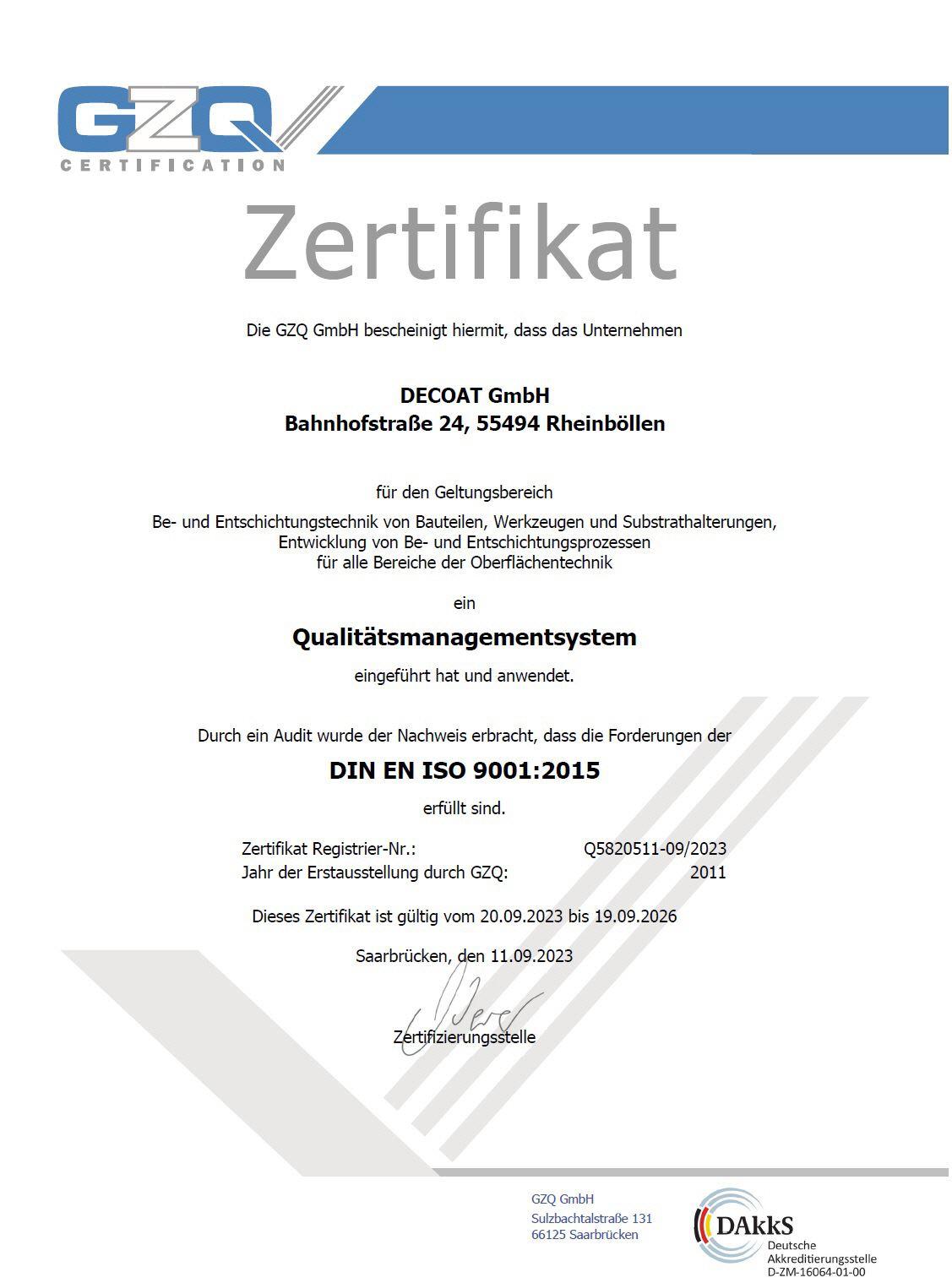 Certificate DECOAT PVD DLC