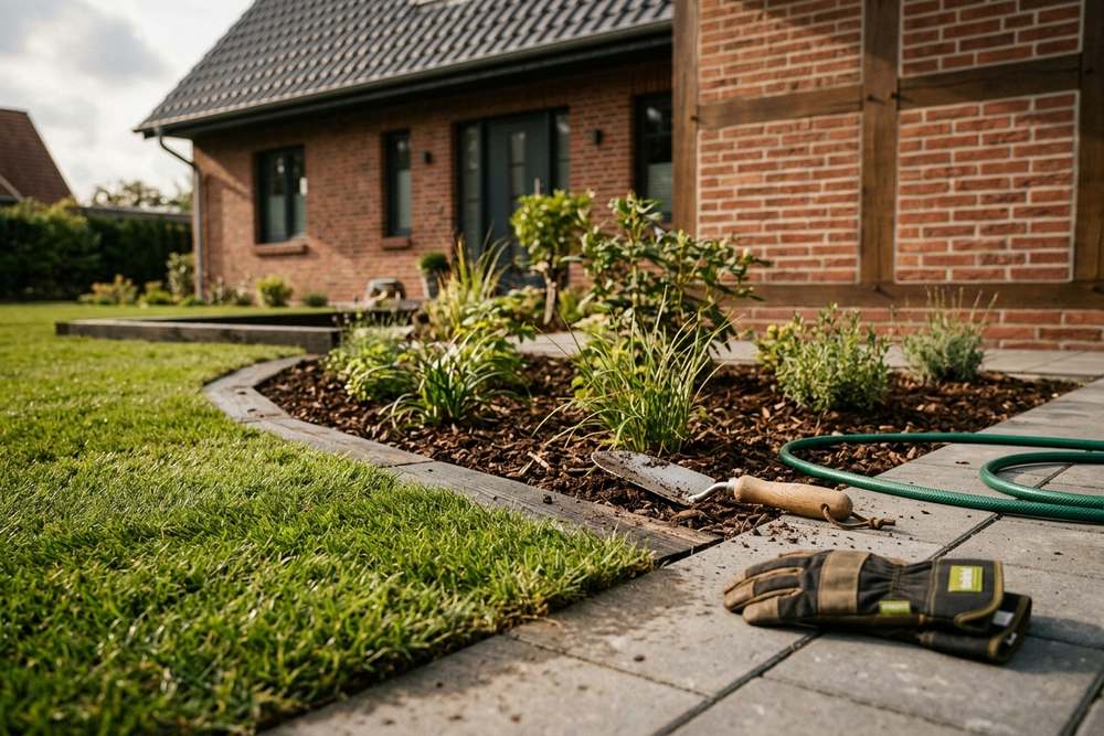 Neu angelegter Garten rund um ein Neubau