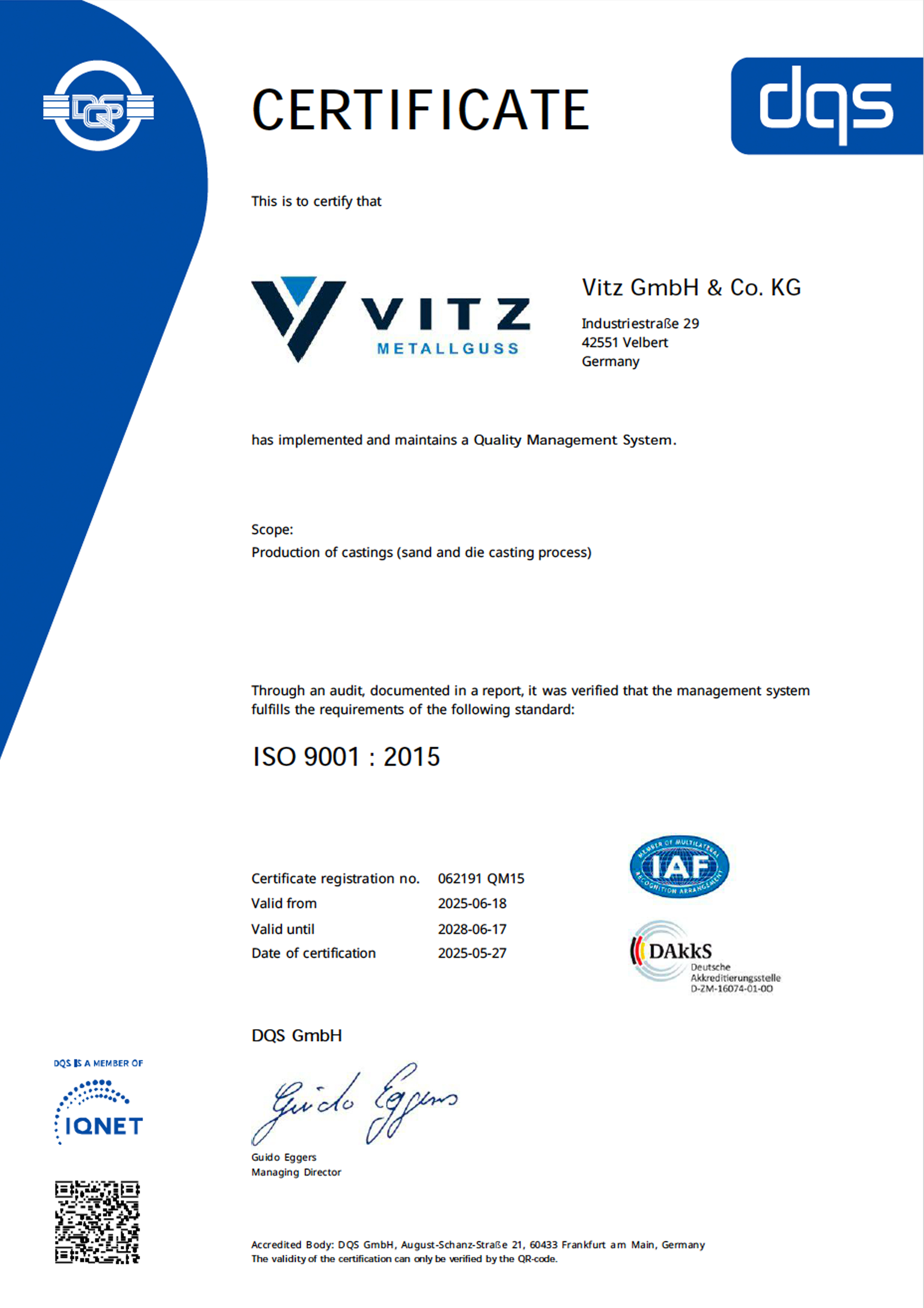 DQS-Zertifikat ISO 9001:2015
