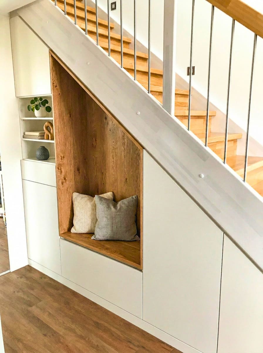 Stauraum unter der Treppe mit Sitzecke aus Eiche