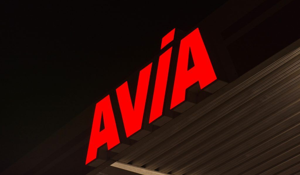 Illuminated signage on building facade