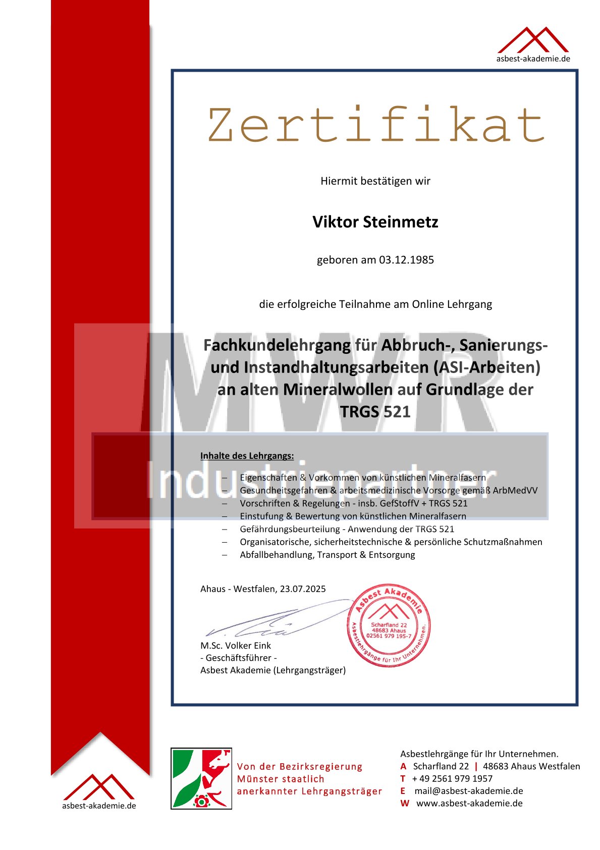 Ausführung einer Arbeit nach TRGS 521