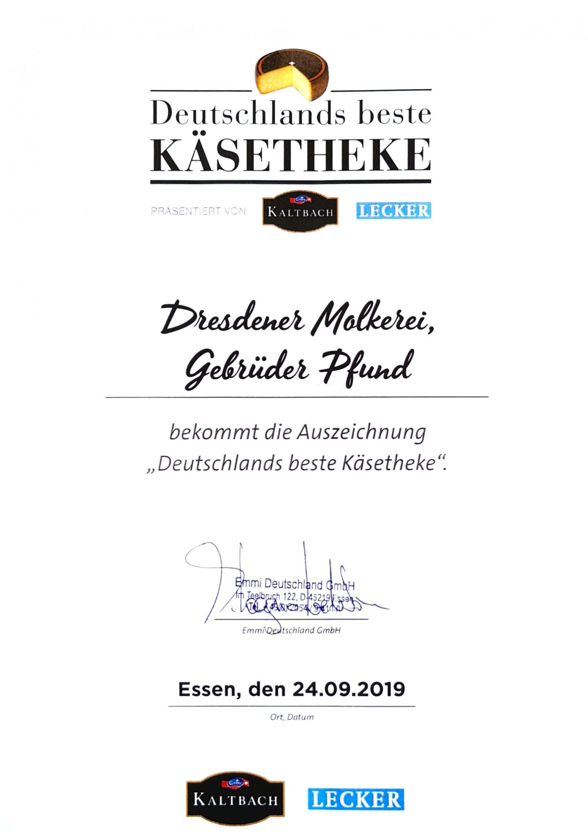 Certificate "Germany's best cheese counter"