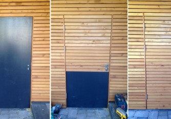 Türe verkleidet in Holzfassade