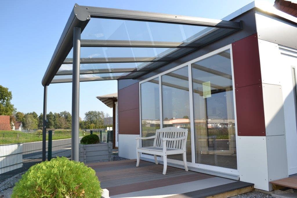 Aluminium patio canopy on the display grounds in Verl