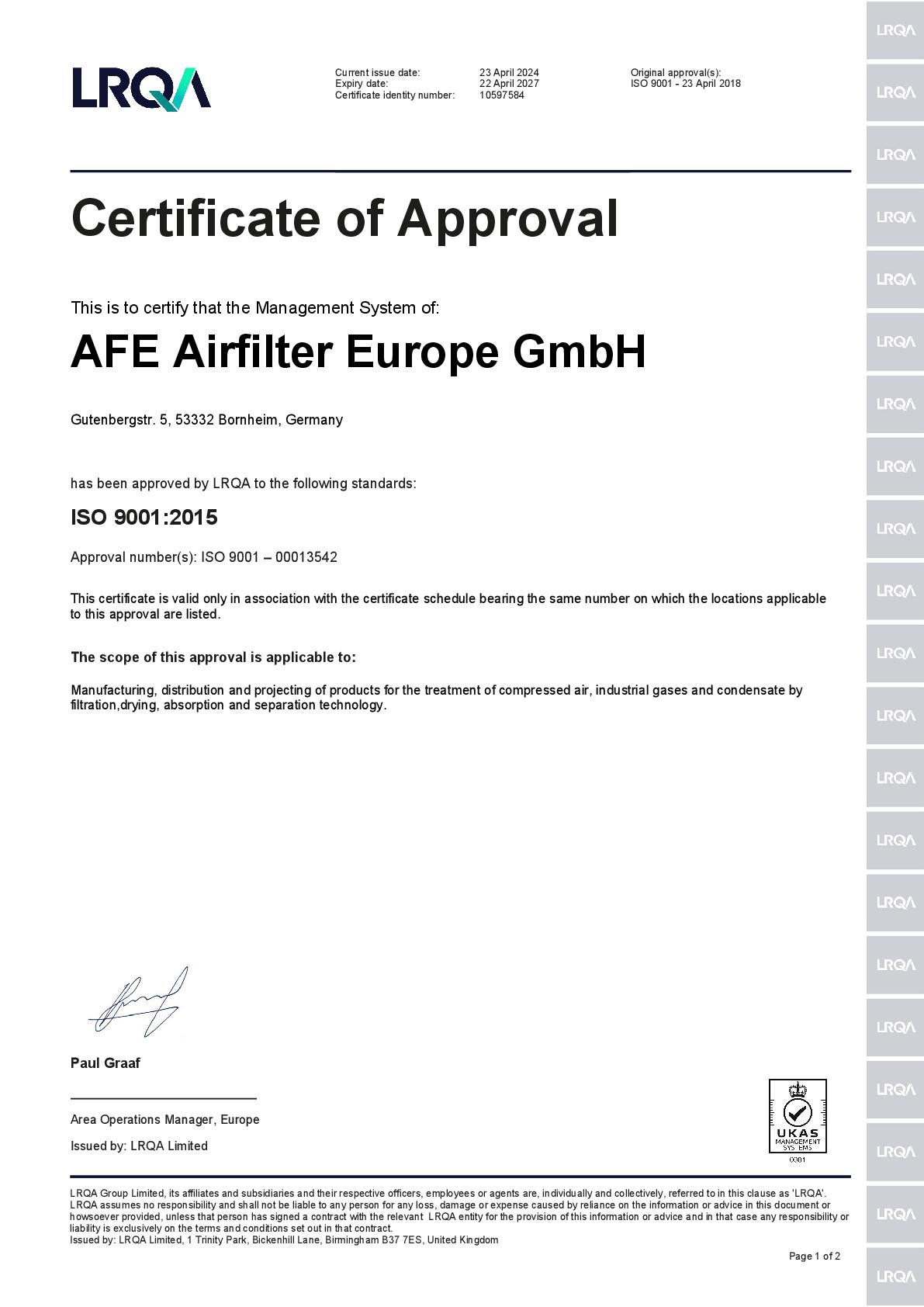 ISO-9001-Zertifikat (Lloyd's Register Quality Assurance)