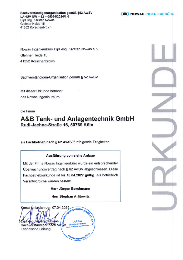 WHG-Zulassung – Fachbetriebsurkunde nach § 62 AwSV