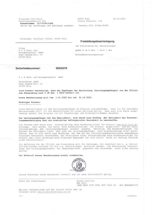 Freistellungsbescheid zum Steuerabzug bei Bauleistungen