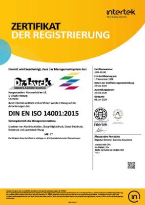 Zertifikat DIN EN ISO 14001:2015 (2026–2029)