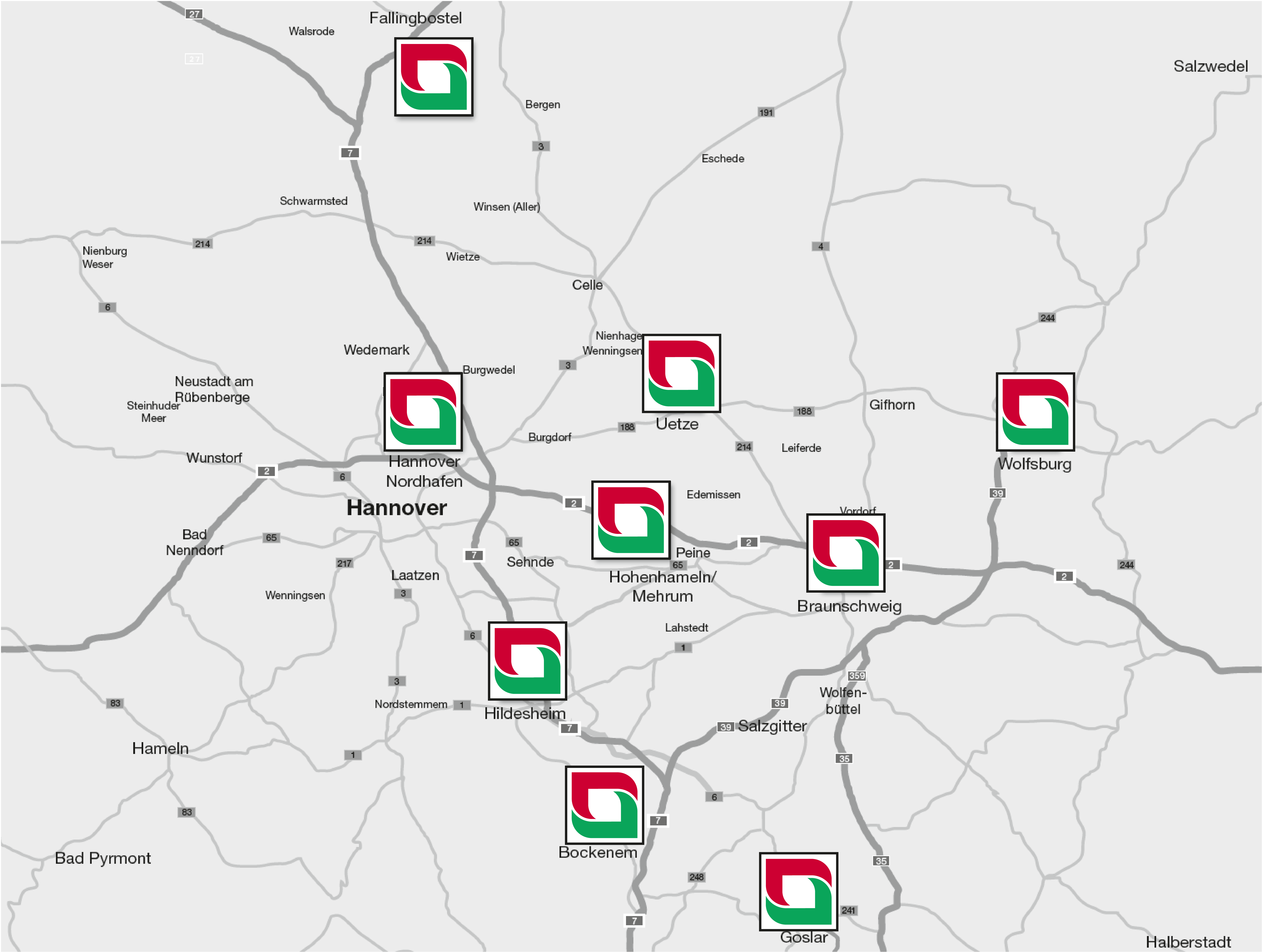 Standortkarte mit den neun Werken in Niedersachsen