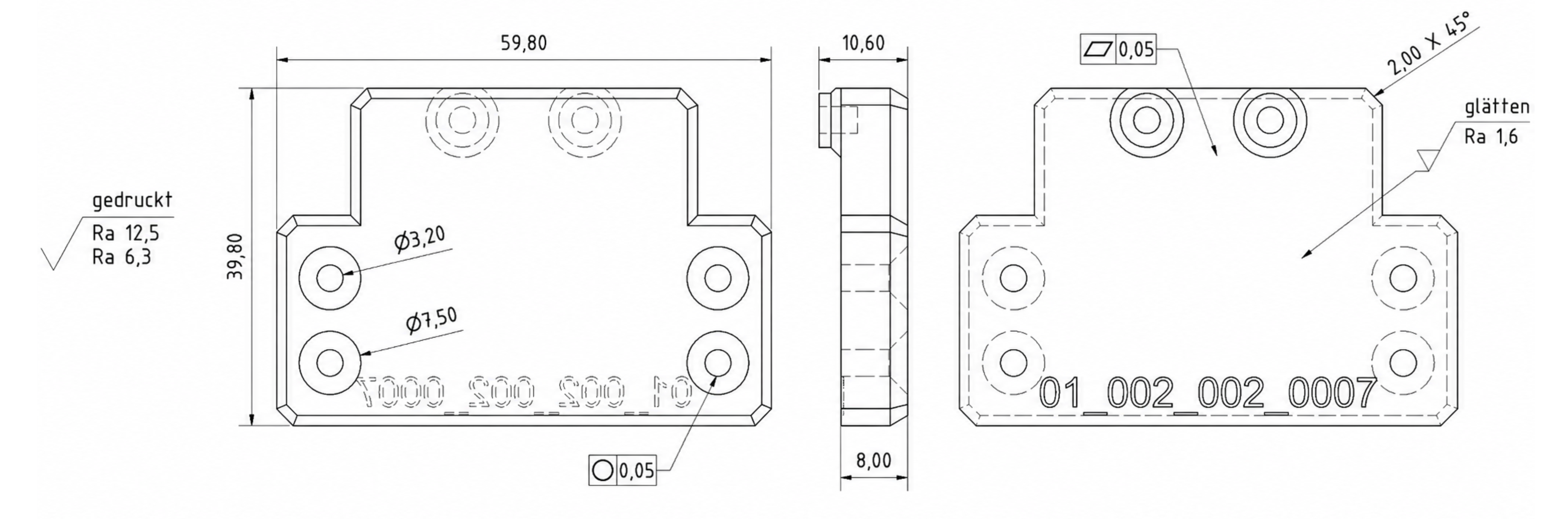 Referenzbauteil (59,80 × 39,80 × 10,60 mm, Bohrungen Ø 3,20/Ø 7,50 mm)