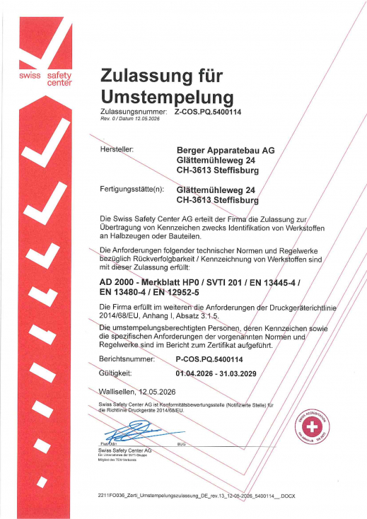 Umstempelungszulassung nach Druckgeräterichtlinie