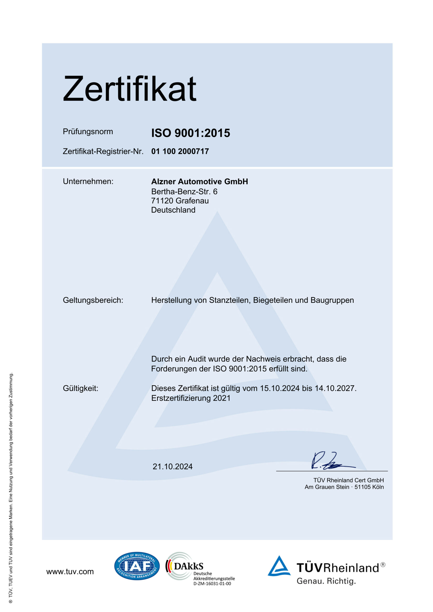 ISO 9001:2015 Zertifikat