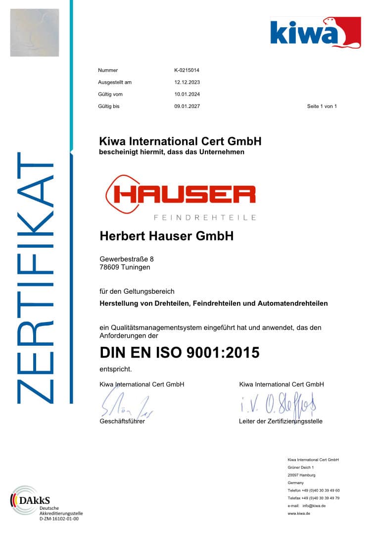 Zertifikat DIN EN ISO 9001:2015 (Kiwa)