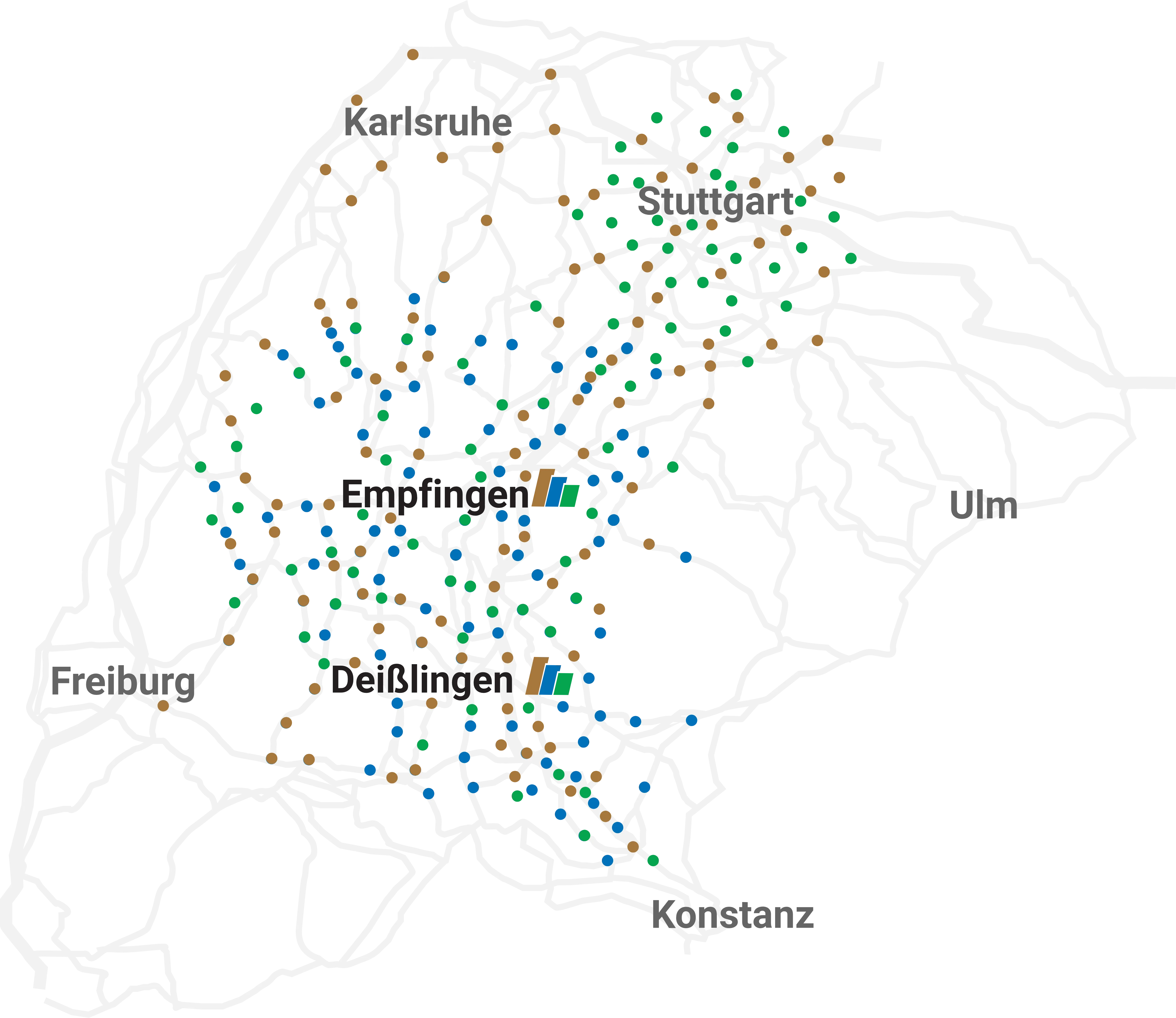 Standortkarte mit den Hauptstandorten Empfingen und Deißlingen sowie
