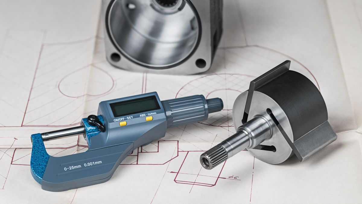 Digital micrometer and machine part on technical drawing