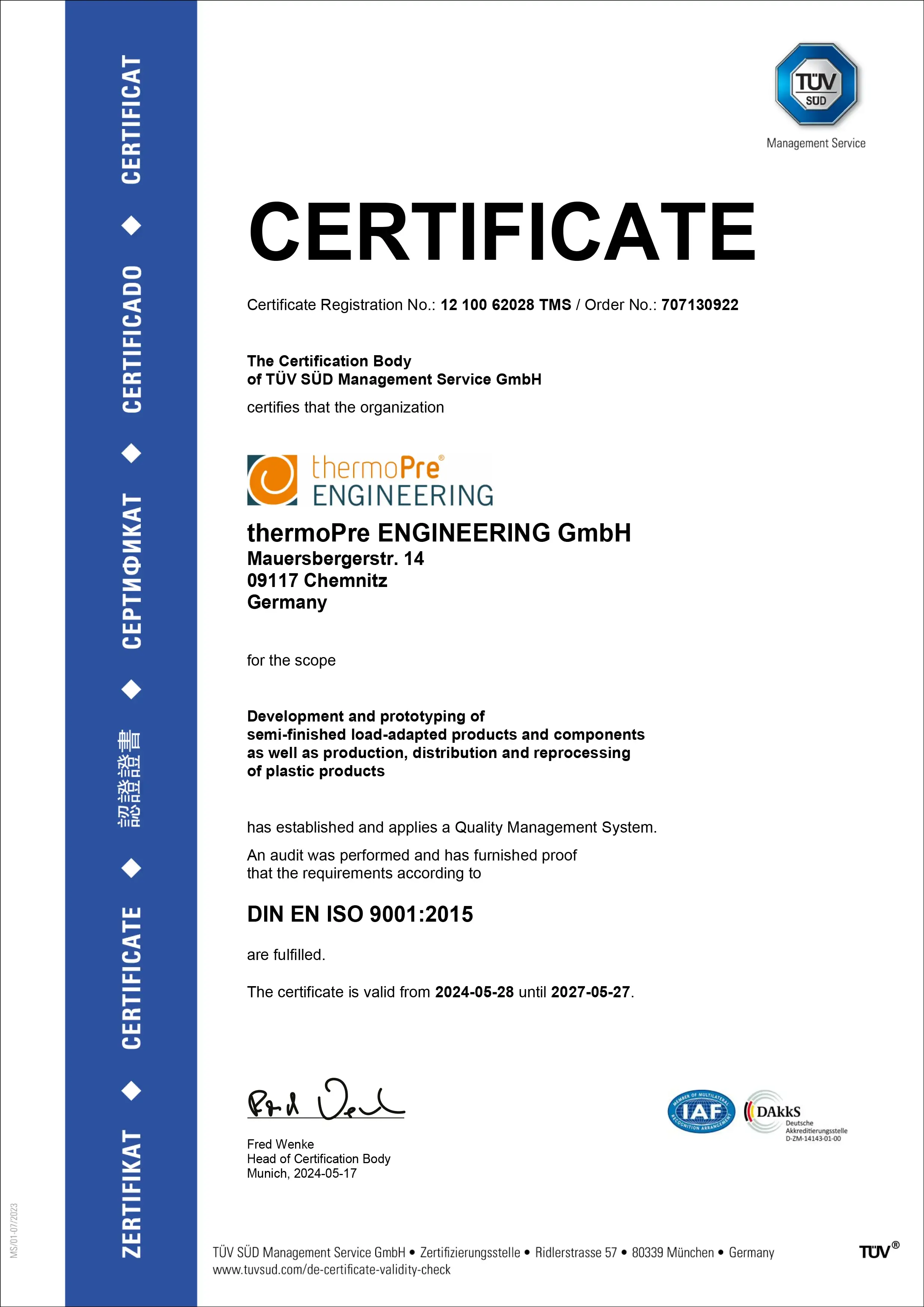 TÜV-SÜD-Zertifikat DIN EN ISO 9001:2015