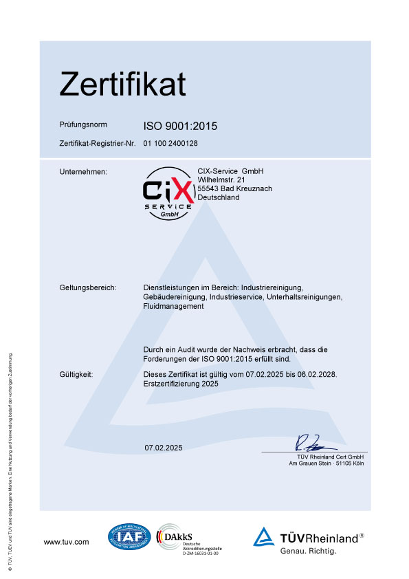 ISO 9001:2015 Zertifikat (Nr. 01 100 2400128)