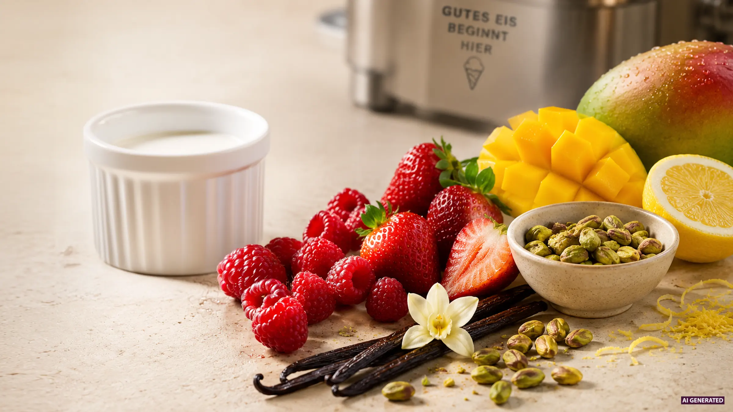 Ingredients such as strawberries, pistachios, vanilla pods, and lemon