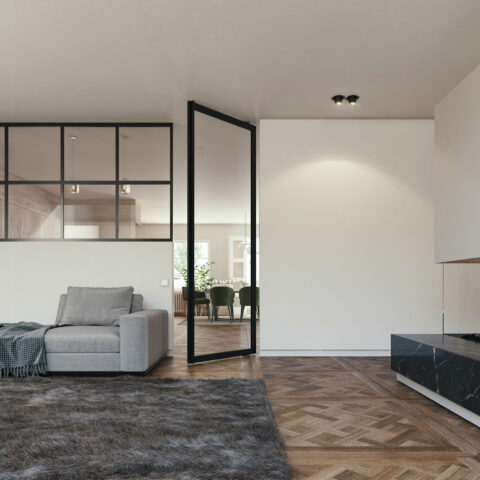 Pivot door with anodised aluminium frame