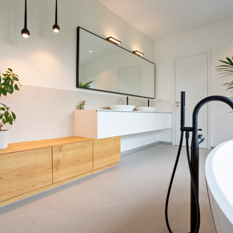 Oak vanity unit with concrete basin