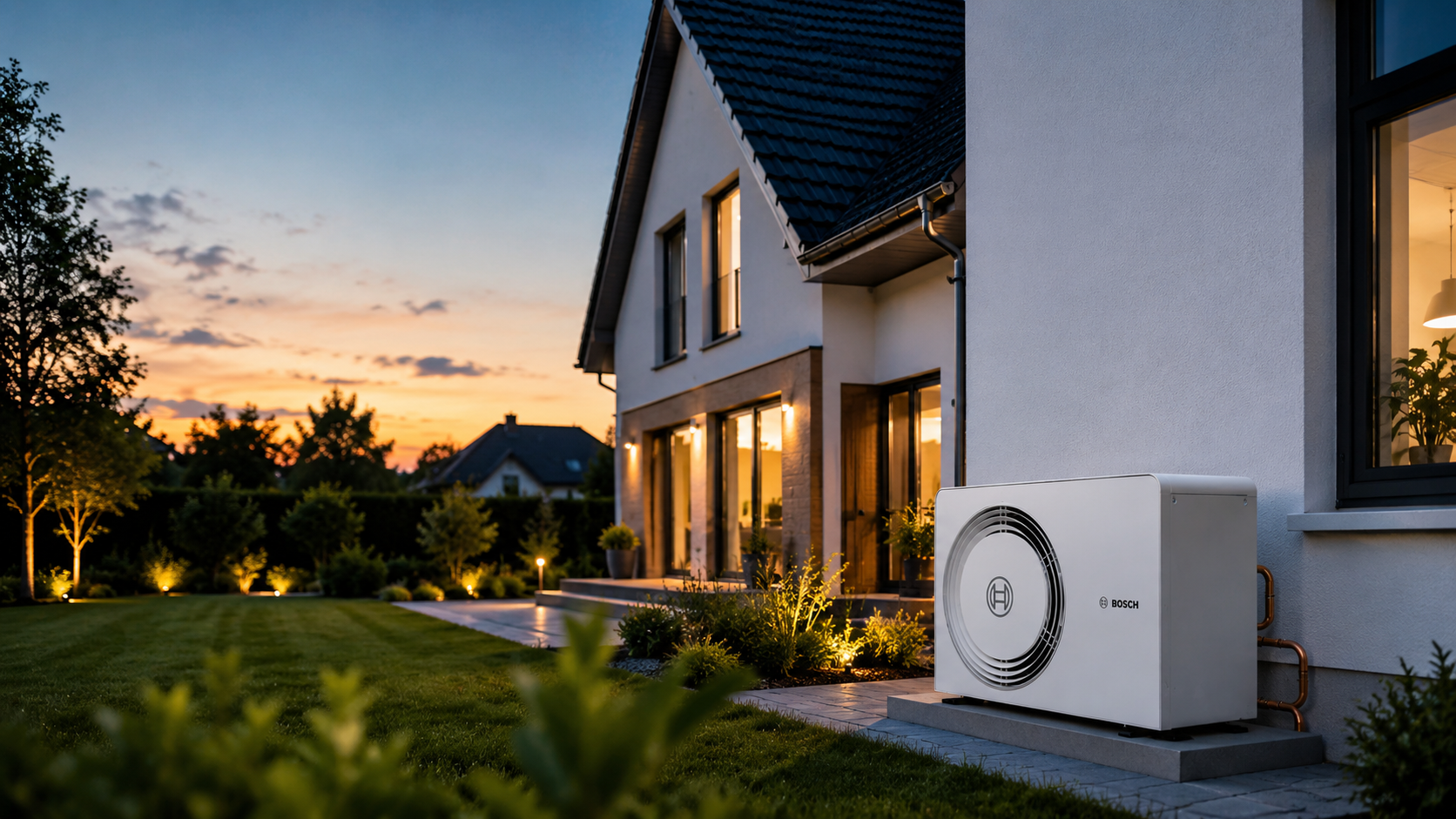 Bosch Wärmepumpe vor modernem Haus
