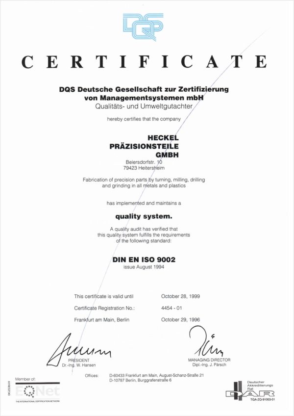 Erste Zertifizierung nach DIN EN ISO 9002 (1996)