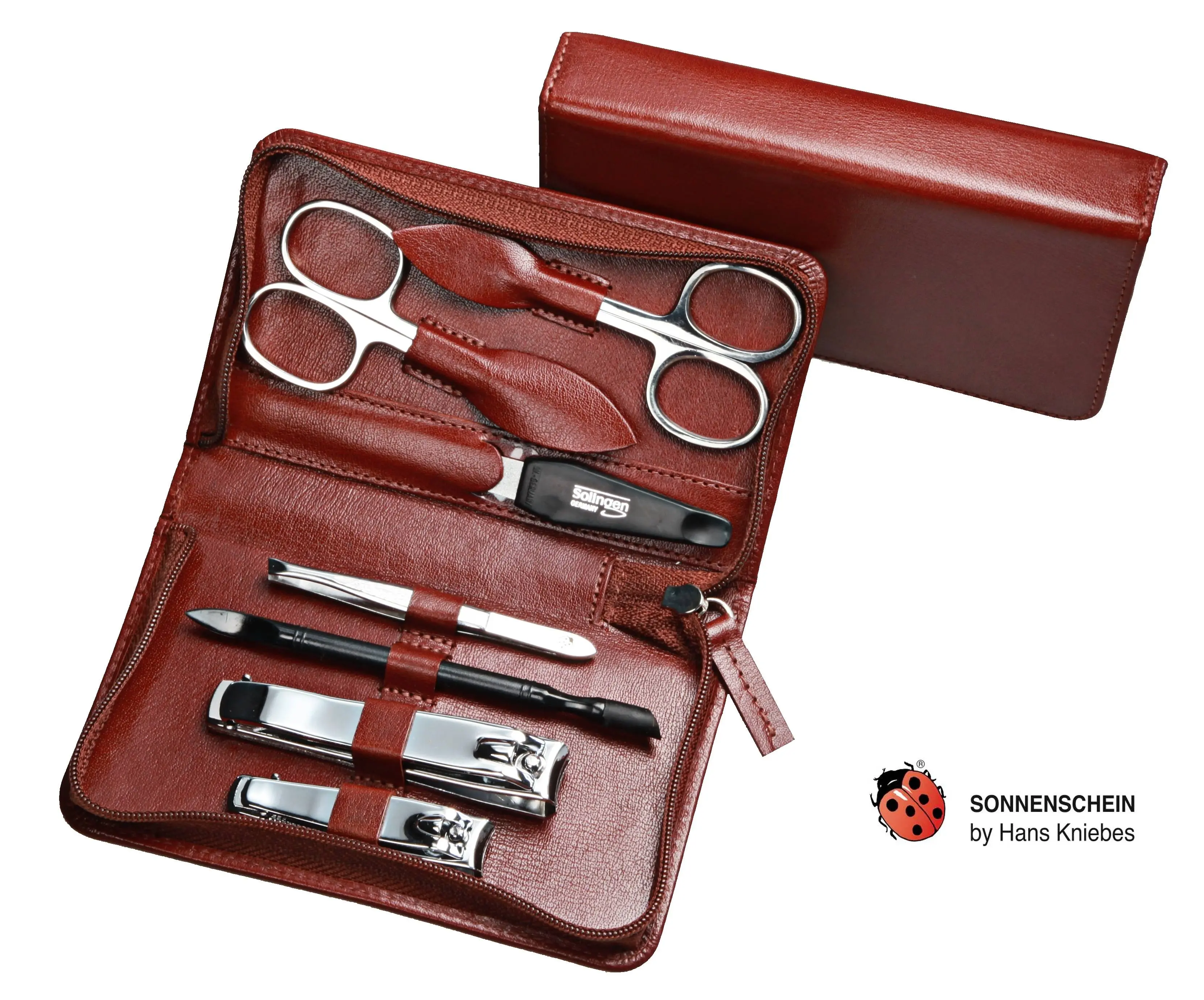 Manicure case, 7-piece, stainless mirror-polished, cognac buffalo leather