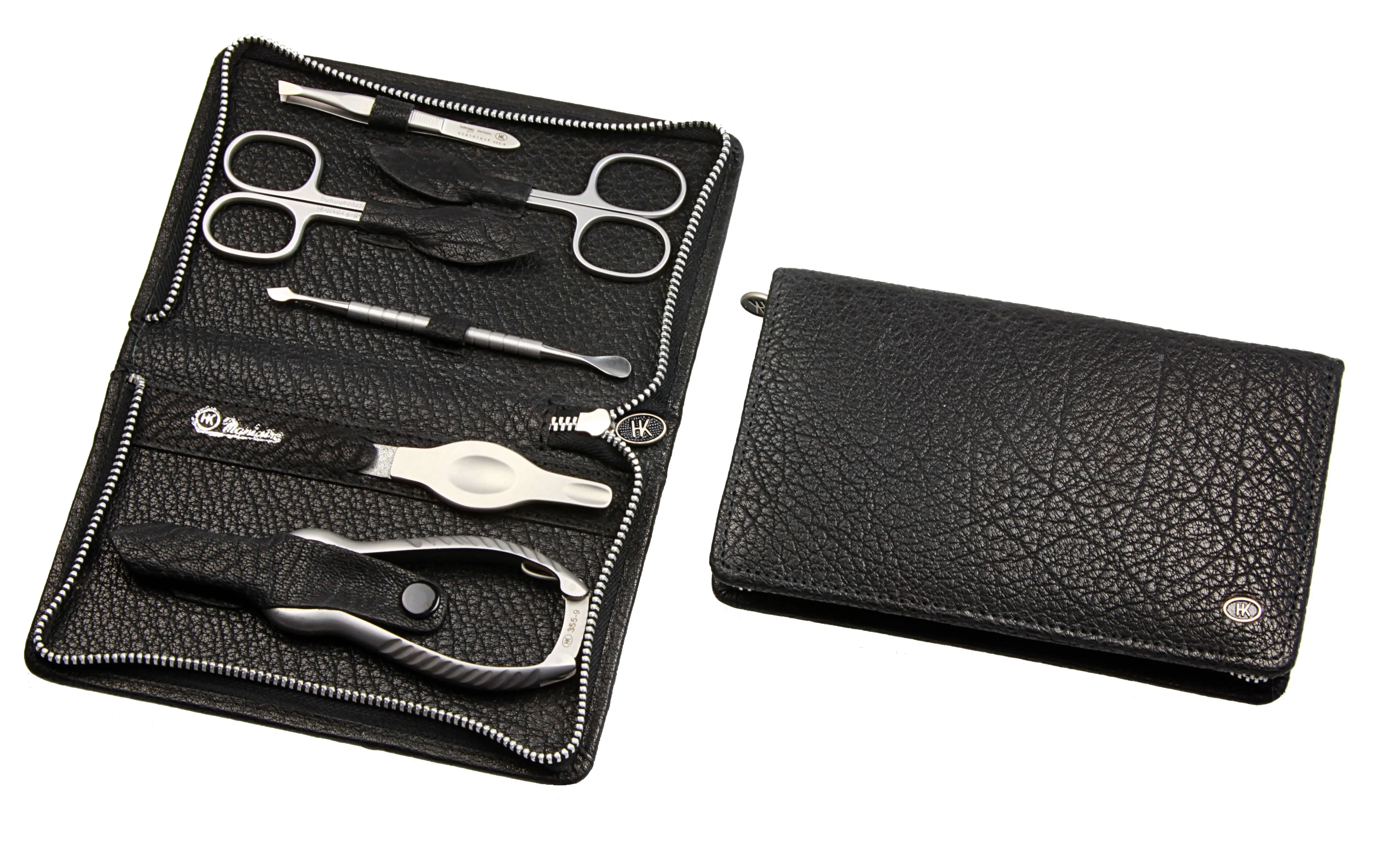 Manicure case with metal zip, black buffalo leather