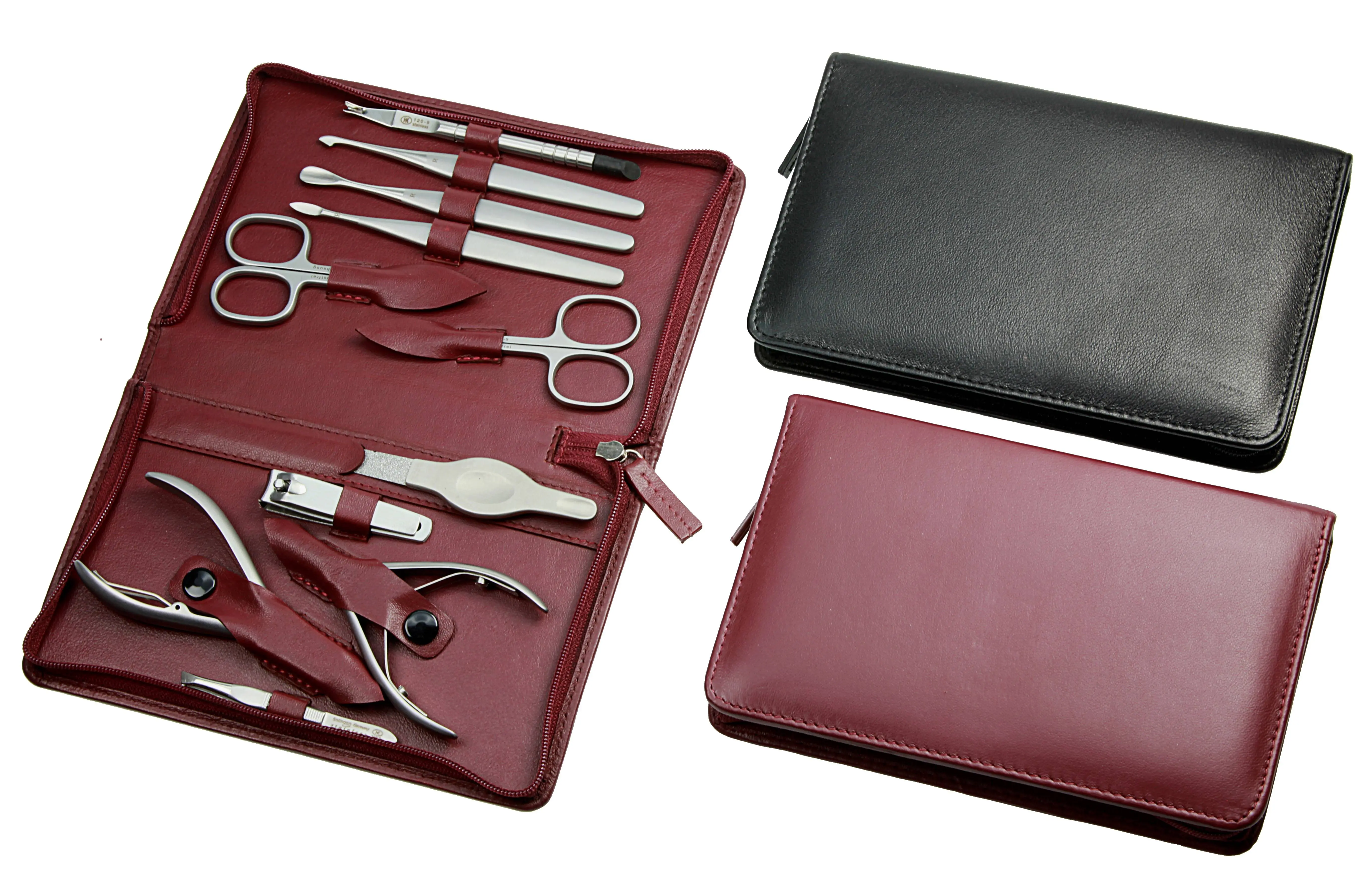 Manicure case, 11-piece, stainless satin-finished, bordeaux nappa lambskin
