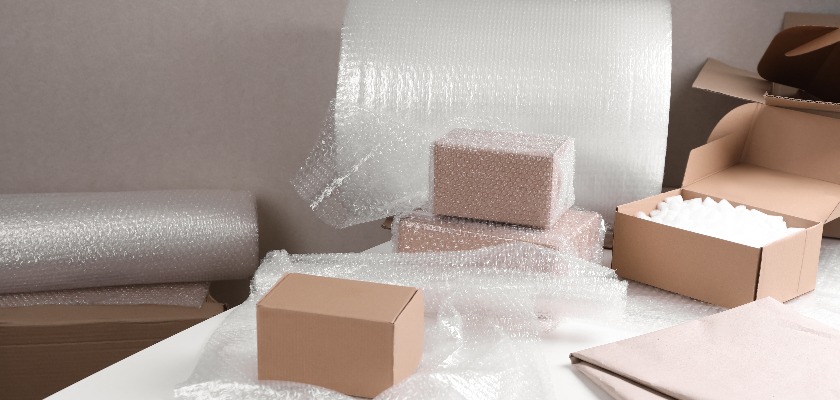 Lager mit Kartons, Luftpolsterfolie und Verpackungsmaterial
