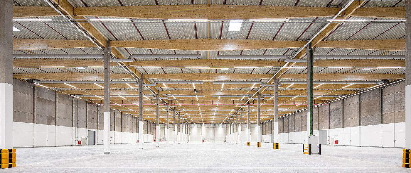 Interior view of warehouse with timber structure