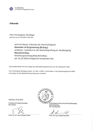 Bachelor's degree certificate – General Mechanical Engineering