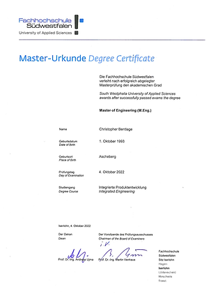 Master's degree certificate – Integrated Product Development