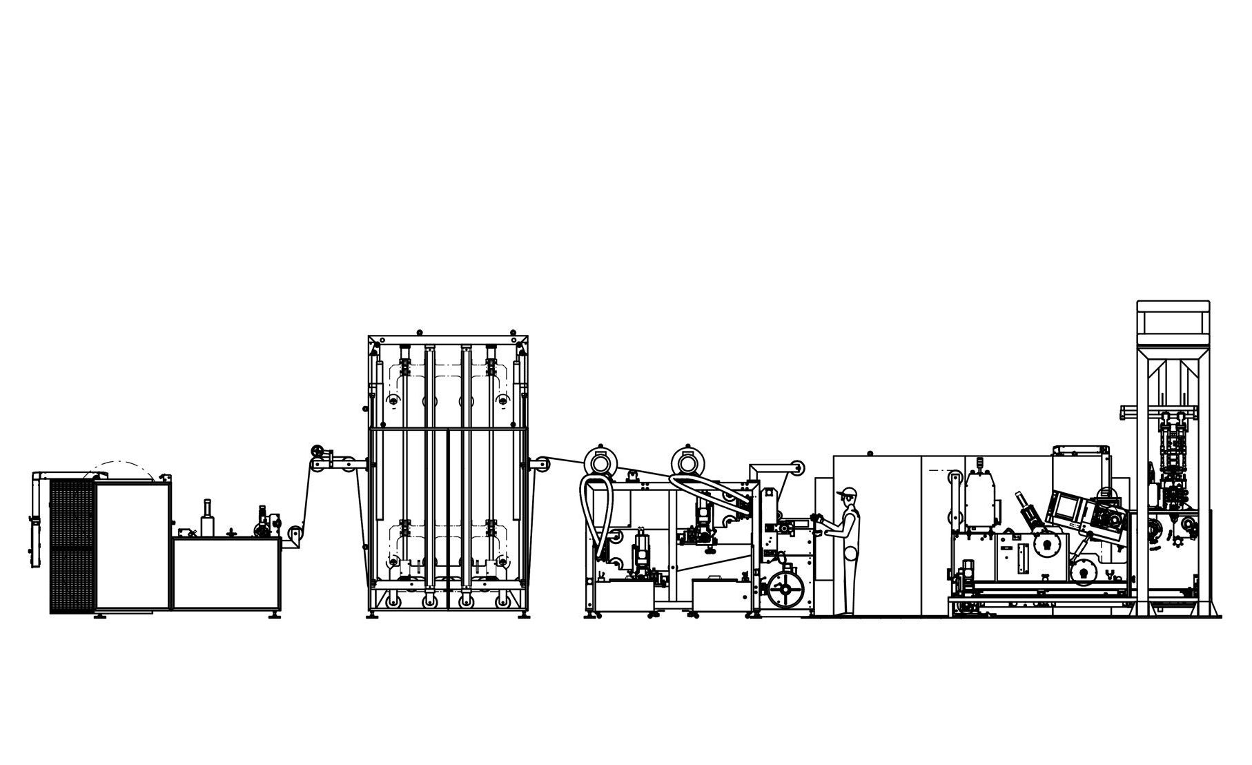 Technische Zeichnung einer Extrusionslinie mit Downstream-Ausrüstung