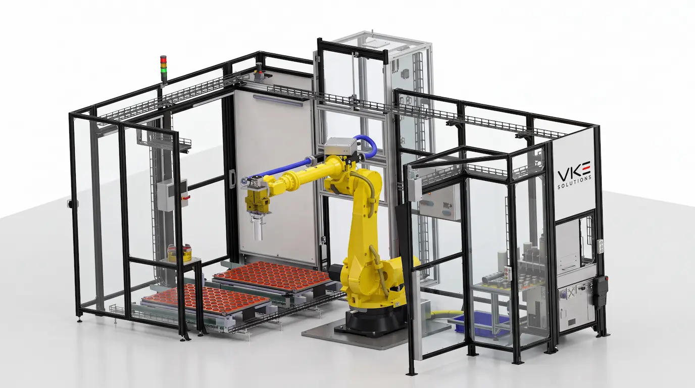 Roboterzelle mit Werkstück-Trays