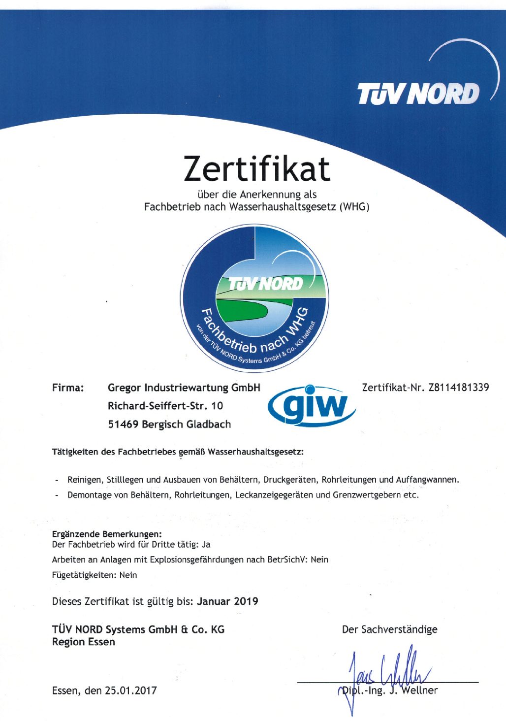 Zertifikat Fachbetrieb nach Wasserhaushaltsgesetz