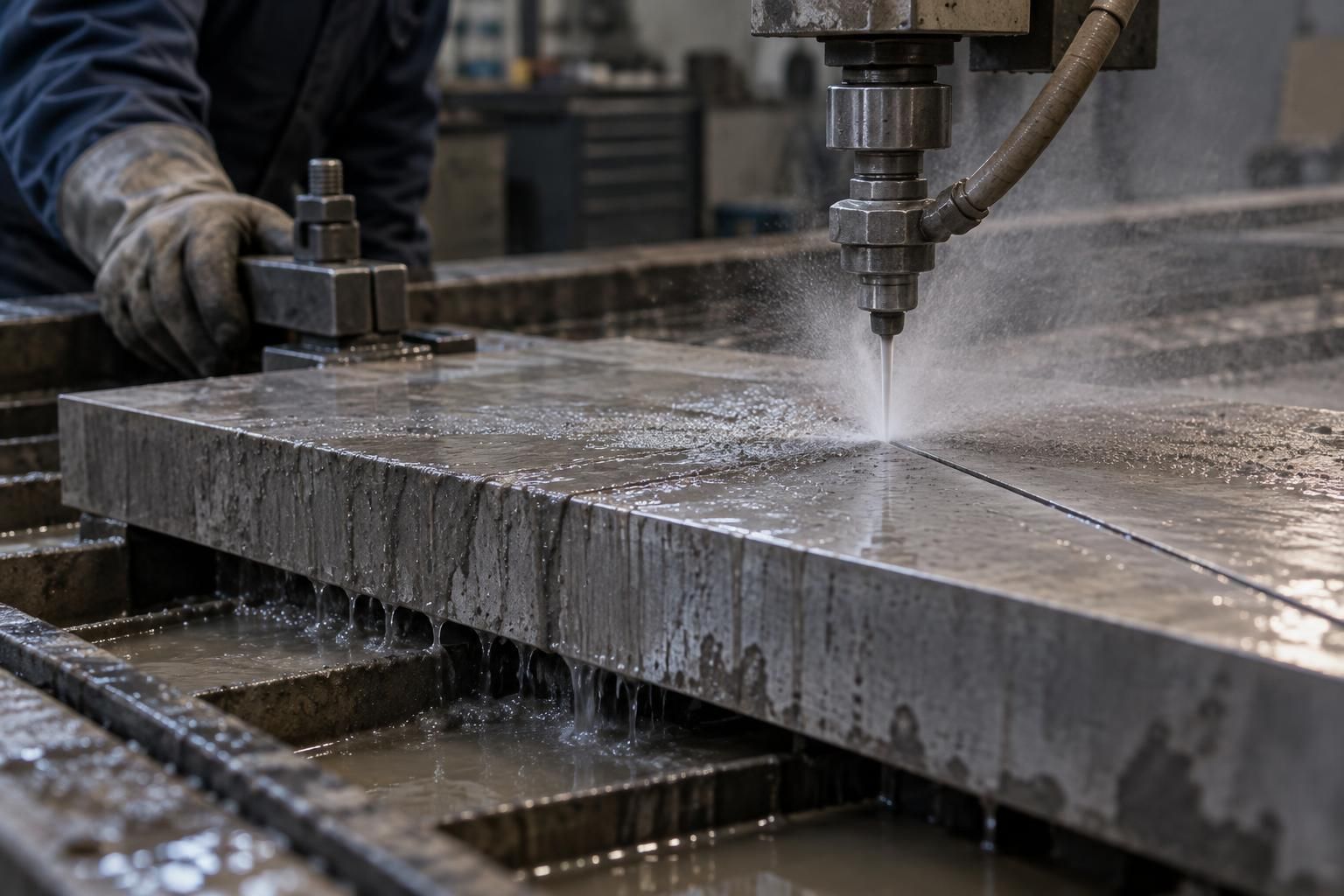 Waterjet cutting head severing a 40 mm thick stainless steel plate, spray water and cutting kerf clearly visible, a gloved hand holds the fixture.