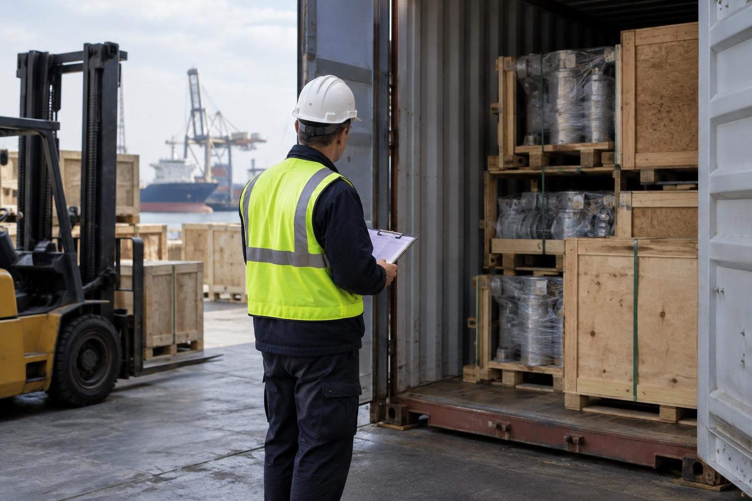An employee inspects an overseas container with crated industrial parts at a loading dock, with a forklift truck and freight papers alongside